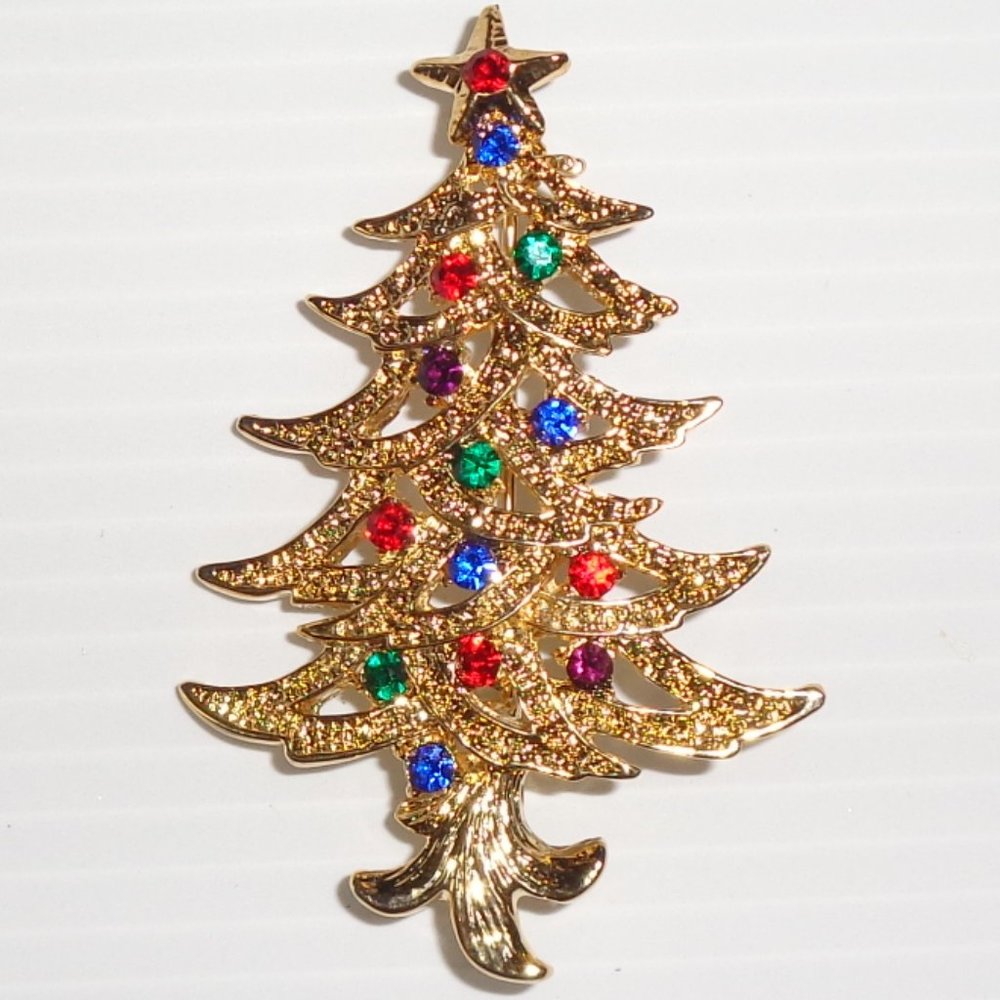 Gold CHRISTMAS TREE PIN with Red & Green CRYSTALS Boxed